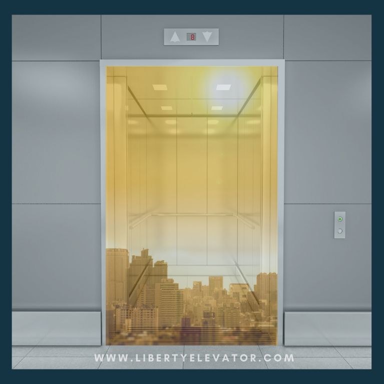 abstract of elevator with city scape seen through doors - metaphor of heat and affects on elevator repair and maintenance