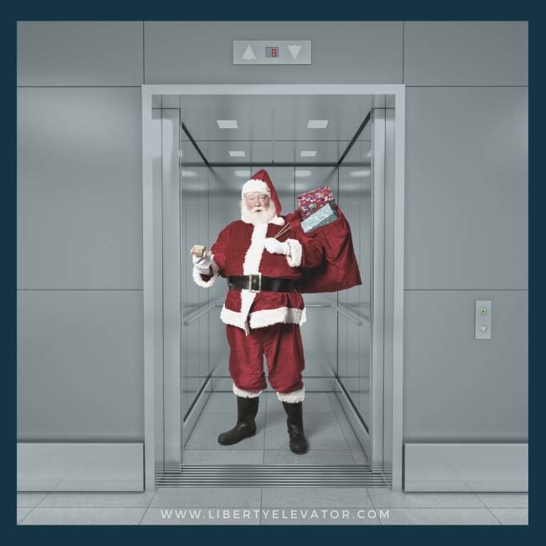 Santa Clause in an elevator reminding us that elevator maintenance and safety is important