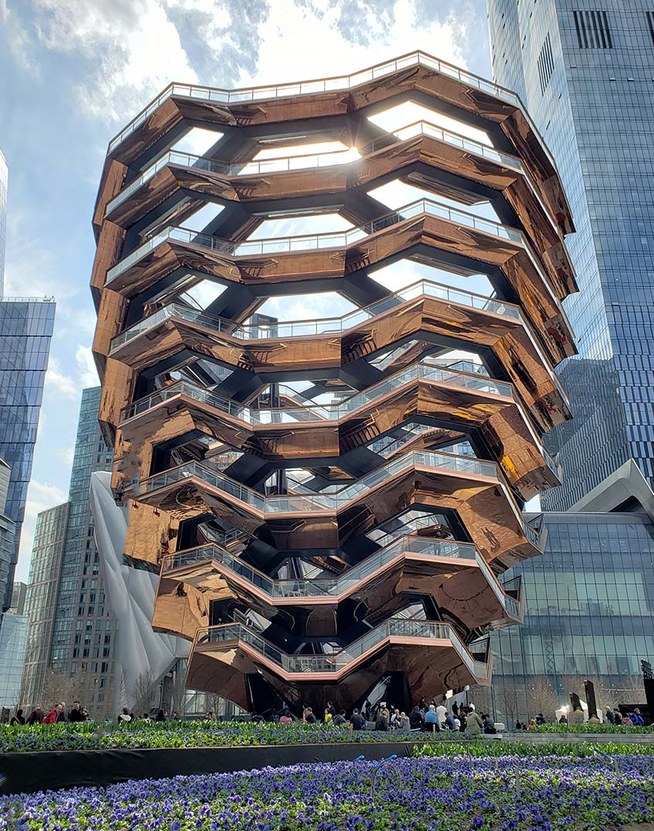 The Vessel is a set of 153 staircases stacked on one another with a truly unique elevator created by Liberty Elevator.