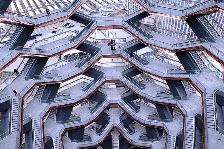 The Vessel at Hudson Yards looking down upon the stairs and platforms from the top